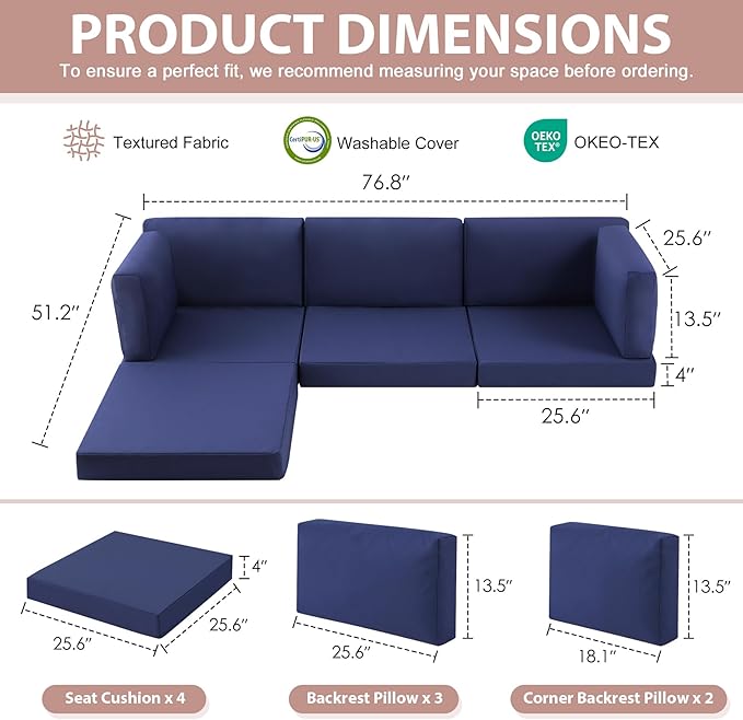 9-Piece Patio Furniture Cushions Set, Replacement Outdoor Cushions for 4-Seat Patio Sectional, Waterproof & Fade Resistant Deep Seat Cushion for Outdoor Sofa, Navy Blue
