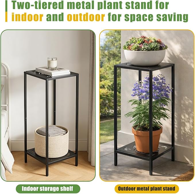 Party Zealot 2-Tier Tall Metal Square Plant Stand Heavy-Duty Modern Flower Pot Rack for Indoor Living Room, Corner Side Table for Outdoor Patio, Garden, and Balcony Black, 12" D x 31" H
