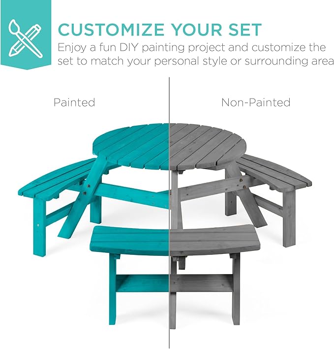 Best Choice Products 6-Person Circular Outdoor Wooden Picnic Table for Patio, Backyard, Garden, DIY w/ 3 Built-in Benches, 500lb Capacity - Gray