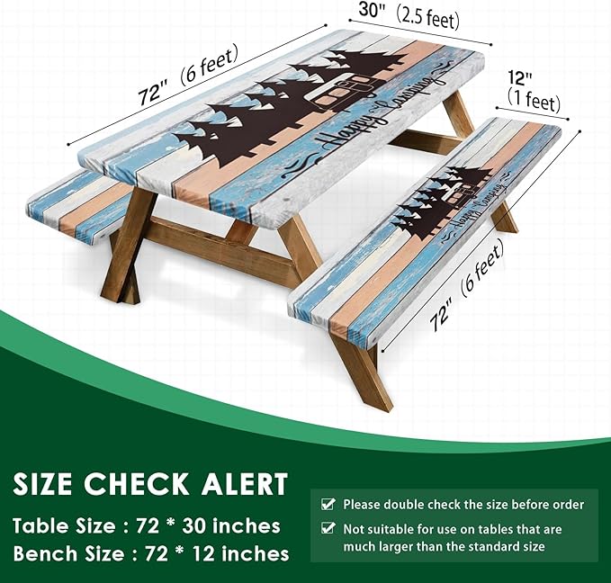 Picnic Table Cover with Bench Covers Elastic Edges, Blue Camper Fitted Table Cover, Outdoor Patio Camping Essentials 72 Inch 3PCS, Waterproof Camping Fitted Tablecloth with Drawstring Bag