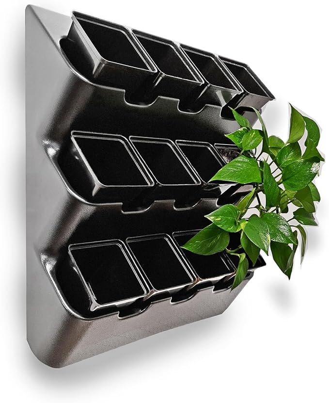 BOXSAND-12 Vertical Wall Planter (24"x26", Black with Square Pots) – Living Wall for 12 Plants, Indoor/Outdoor Vertical Garden System, Easy 2-Screw Install