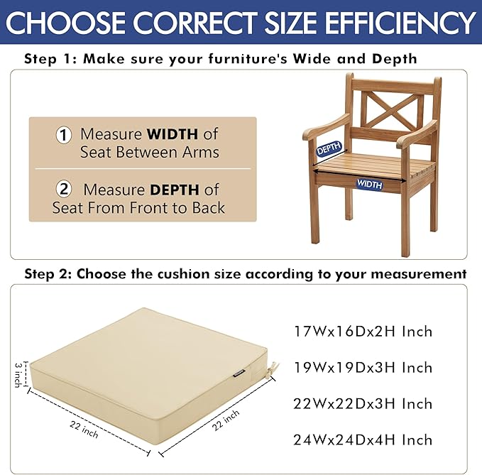 Outdoor Chair Cushions 22 x 22 Inch Water Resistant Patio Chair Cushions with Tie 3 Year Color Fastness Thick Outdoor Seat Cushion for Garden Lawn Patio Furniture Beige Set of 2