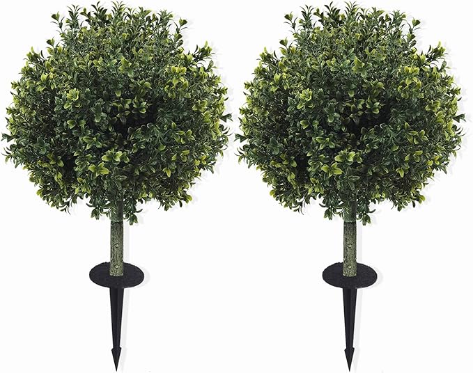 2-Pack 29" UV-Resistant Boxwood Topiary Ball Trees | Artificial Outdoor Plants with Ground Spikes for Porch, Patio, Planters & Indoor Decor