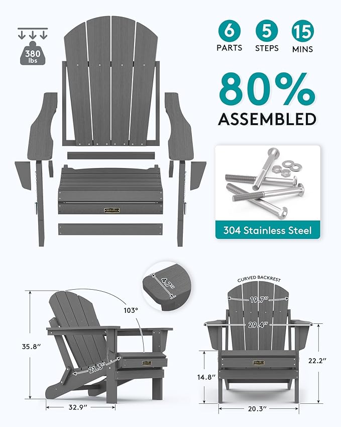 SERWALL Adirondack Chair Set of 8 for Patio Garden Outdoors Fire Pit- (Folding Gray)