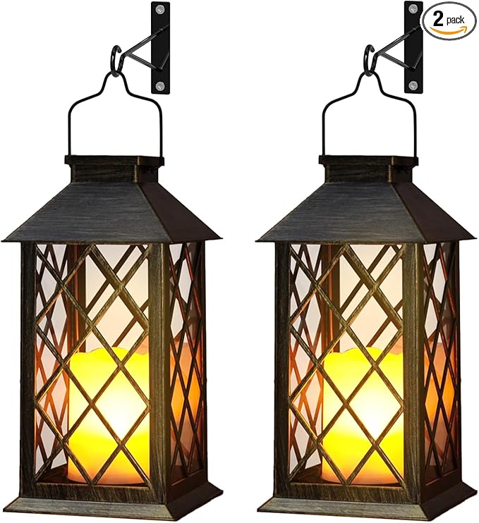 Otdair Solar Lanterns Outdoor Waterproof with Hook, 2 Pack 14" Solar Lantern with Glass Retro LED Flickering Flameless Candle,Lanterns Decorative Outdoor for Gift, Yard, Garden, Patio, Bronzen