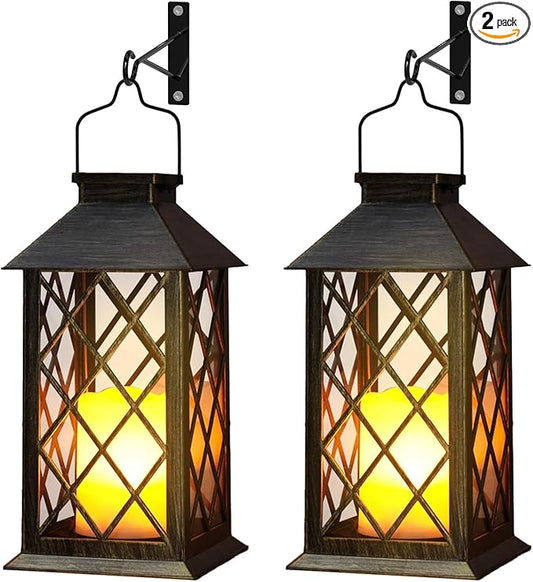 Otdair Solar Lanterns Outdoor Waterproof with Hook, 2 Pack 14" Solar Lantern with Glass Retro LED Flickering Flameless Candle,Lanterns Decorative Outdoor for Gift, Yard, Garden, Patio, Bronzen