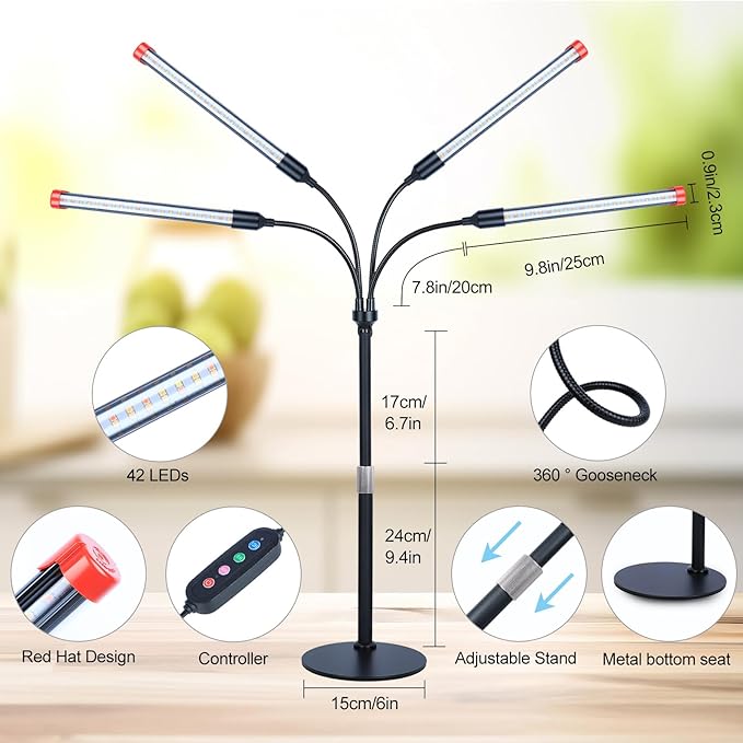 FECiDA 2026 4Head Table Top Grow Lights for Seed Starting, Indoor Plants, Bonsai, 36 Watt Power Draw, NO Need Adapter, 4/8/12/16/20H Timer, 16"-24" Height Adjustable