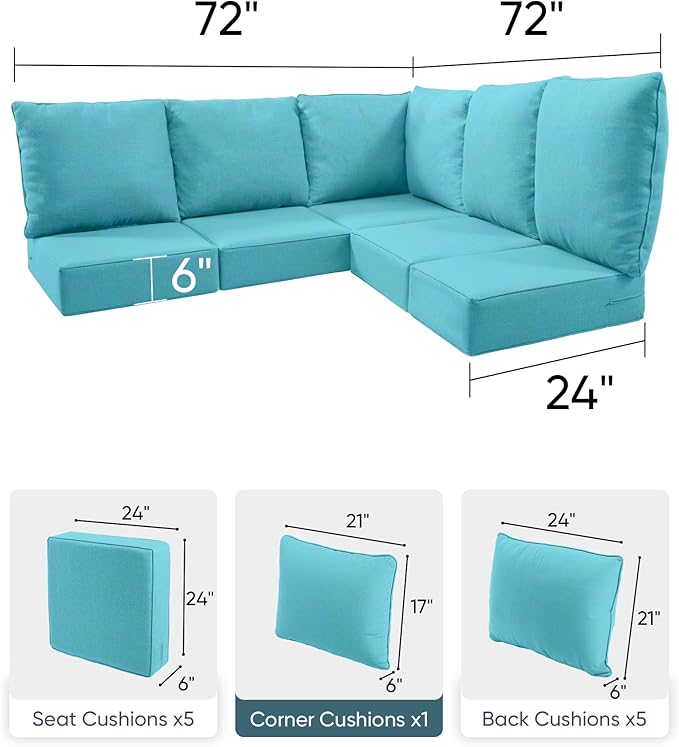 Luxury 24x24x6 Outdoor Cushions for 5-Seat Sectional Sofa Set of 5 - Water-Repellent 11-Piece Patio Cushion Set for Outside Rattan Wicker Loveseat Chair L-Shape Couch - Turquoise/Classic