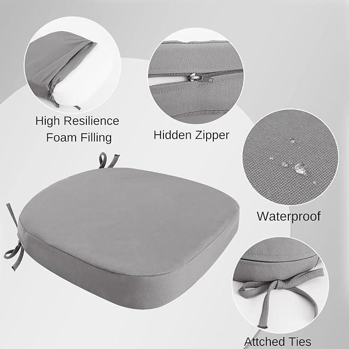 idee-home Outdoor Chair Cushions Set of 2, 17" x 17" x 3" Thick D-Shaped Patio Furniture Outdoor Seat Cushions Waterproof with Ties, Dining Pads