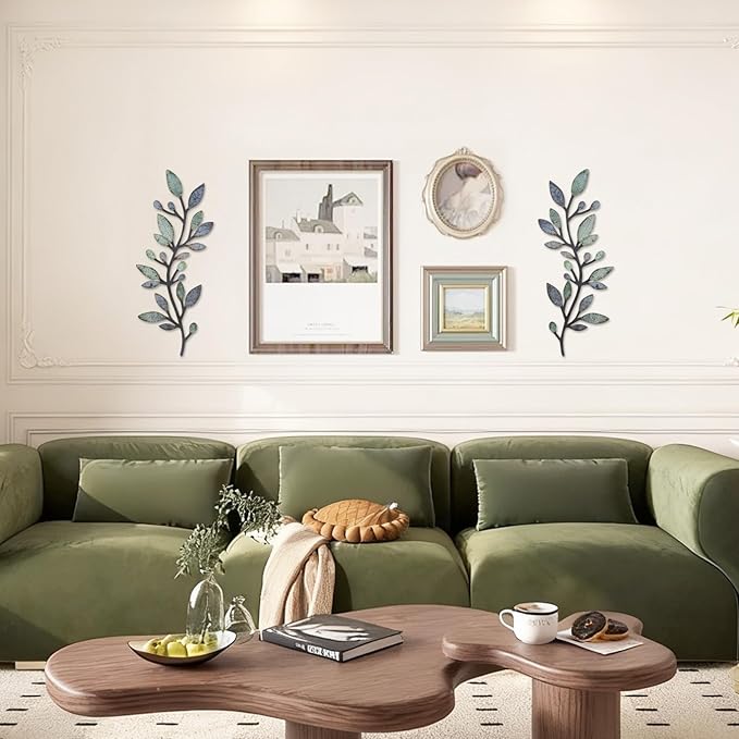 Gthiely 2 Pcs Metal Leaf Wall Decor - Vintage Blue Green Wall Art for Bedroom Living Room Bathroom Rustic Farmhouse Indoor Outdoor (Olive Branch, Each 15x6 inches)