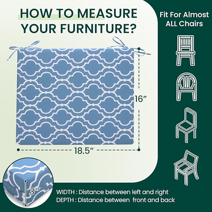 HARBOREST Outdoor Chair Cushions Set of 4, Water Resistant Patio Chair Cushions with Ties, Square Corner Outdoor Seat Cushions for Patio Furniture, 18.5"x16"x3", Blue Geometry