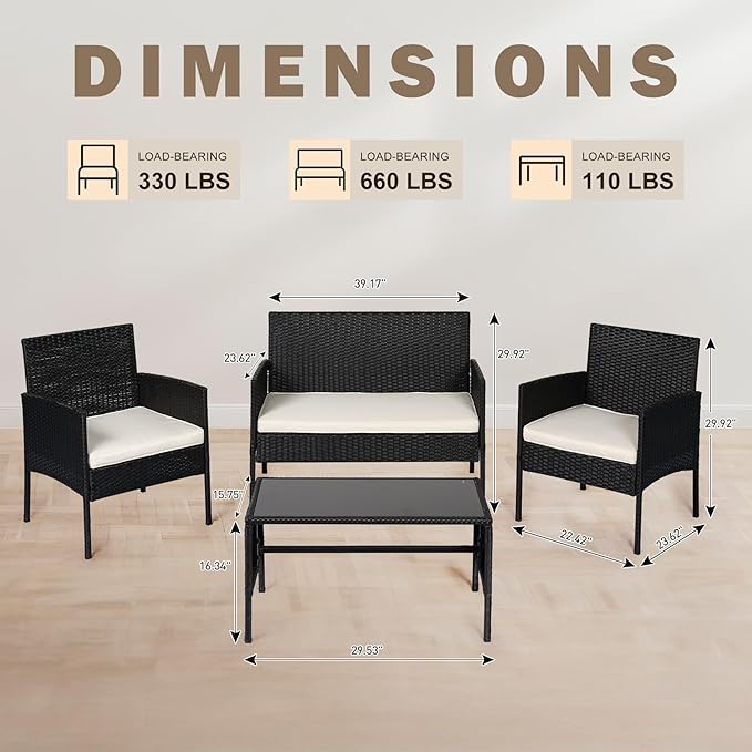 PROHIKER 4 Piece Outdoor Wicker Patio Conversation Furniture Set, Rattan Chair Wicker Sofa Garden Conversation Sets with Cushion and Glass Table for Yard Pool or Backyard