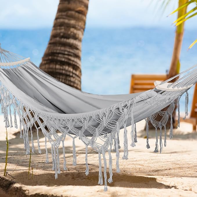 MOSFiATA Backyard Hammock with Tassels Max 500lbs Canvas Fabric Bohemian Style with Thickened Rope and Carry Bag for Outdoor, Garden, Patio, Wedding Decor (White)