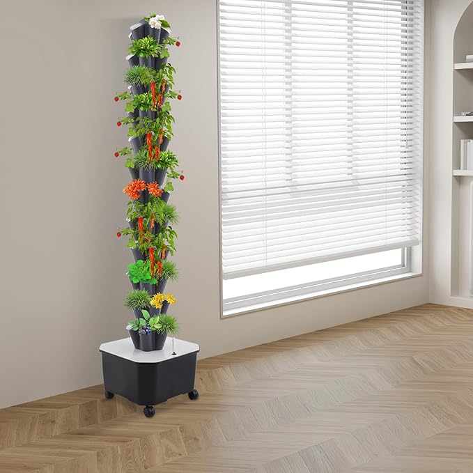 Hydroponic Grow Tower 12 Tiers 60 Holes, 6.6Gal Indoor Vertical Garden System with Water Pump, Automatic Water Circulation - Garden Hydroponic Growing Kit for Leafy Vegetables, Herbs, Strawberries