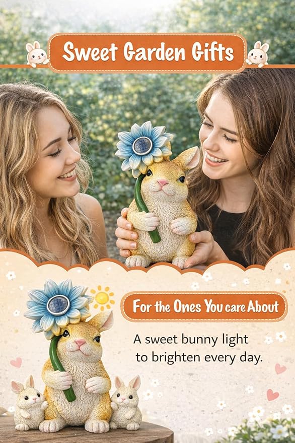 Set of 3 Solar Animal Garden Lights – Resin Bunny, Cat & Dog Figurines with Warm LED Flower, Solar Powered Outdoor Décor for Garden, Patio, Yard, Balcony (Puppy/Kitten/Rabbit)