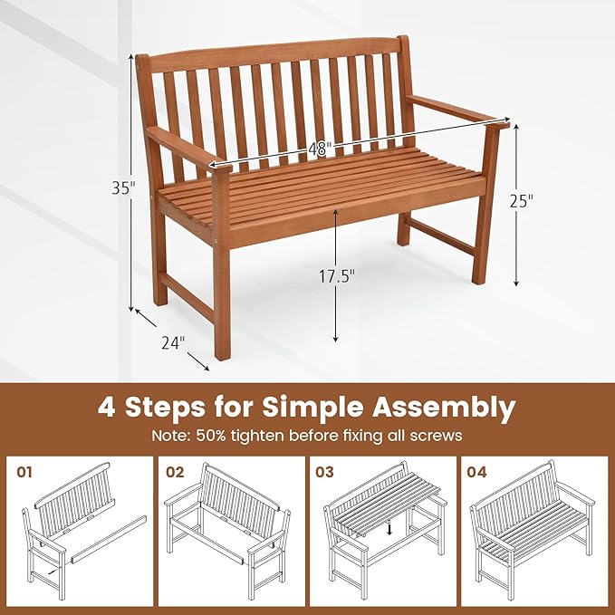 Tangkula Outdoor Garden Bench, 2-Person Eucalyptus Wood Bench with Backrest, Armrests and Slatted Seat, Patio Garden Bench for Yard, Porch, 800 lbs Capacity, Natural