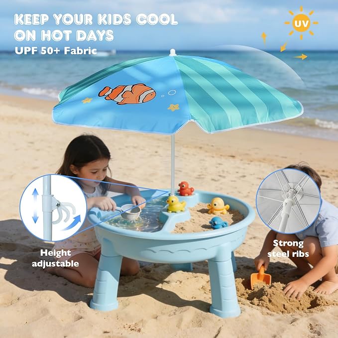 AMMSUN 5ft Seaside Umbrella for Sand Box Water Table - Kids Durable Umbrellas for children Picnic Beach Camping Garden Outdoor Play Shade Green Clownfish