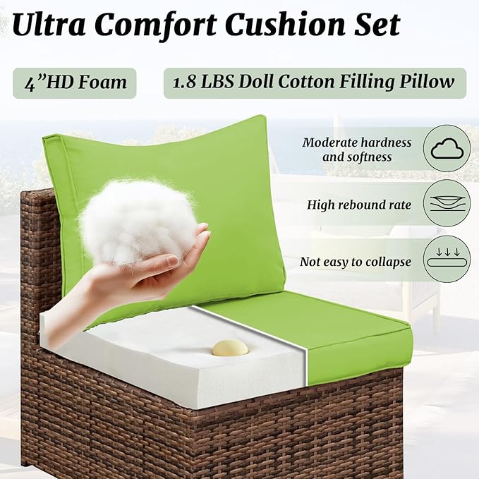 Outdoor Sectional Cushions Replacement Set, 26x26in Patio Furniture Cushions, 14 Pieces Waterproof Outdoor Couch Cushion for 6 Seat Wicker Conversation (Olive Green)