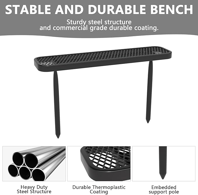 4 FT Heavy Duty Metal Park Bench for Outside, Outdoor Backless Bench with Thermoplastic Coating, Commercial Benches for Shopping Mall, Store, Park, Deck, Inground Mounted, Black