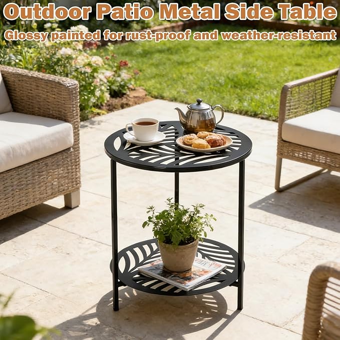17.7" Two-tiered Metal Round Side Tables Extra-large Black Outside End Table for Patio Round Accent Garden Corner Stand for Small Spaces Weather-resistant Coffee Table for Balcony Porch Plant Stand