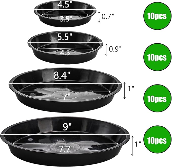 yarlung 40 Pack Plant Saucers, Black Plastic Drip Trays for Flower Pots, Round 4/5/8/9 Inch Plant Drainage Tray for Potted Plants, Indoor Outdoor Garden, 4 Sizes