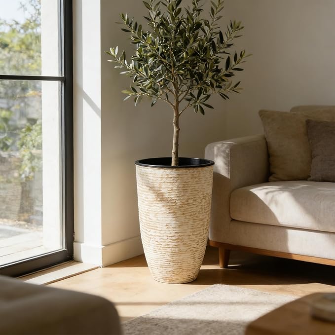 WORTH Garden 2-Pack 21" H. Beige Tall Planters with Inside Pots - 14'' Dia Plastic Large Round Plant Tree Pots - Decorative Imitation Stone Finish for Indoor Outdoor Front Porch Container Patio