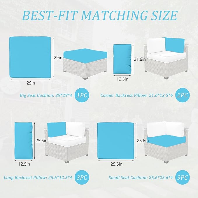 Outdoor Cushions for Patio Furniture with 5 Pillows, Waterproof Patio Furniture Cushions Replacement, 4" Deep Seat Outdoor Sectional Cushions for 4-seat Patio Furniture Chair Sofa Couch,Lake Blue