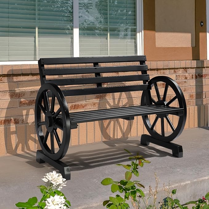 VINGLI 41" Rustic Wooden Wheel Bench Outdoor Bench, 2-Person Patio Bench Wagon Slatted Seat, Garden Benches for Outdoors 350lbs High Capacity, Weather Resistance (Black)