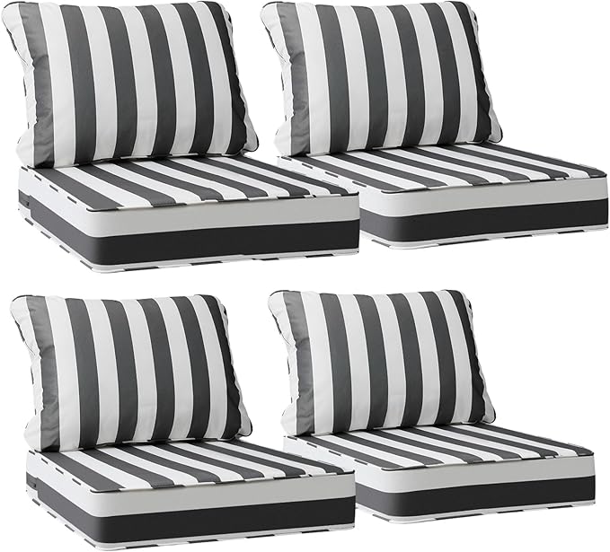 AAAAAcessories Outdoor Deep Seat Cushions, Waterproof, Fade-Resistant Patio Furniture Replacement Cushions, 24" x 24" x 5", Set of 4, Gray Cabana Stripe