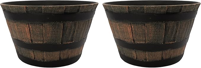 The HC Companies Whiskey Barrel Planter - Faux Wooden Finish Flower Planter Pot - Decorative Garden Pots - Indoor & Outdoor Resin Planters - Weather-Resistant Planting Pots (16" Dark Oak, Pack of 2)