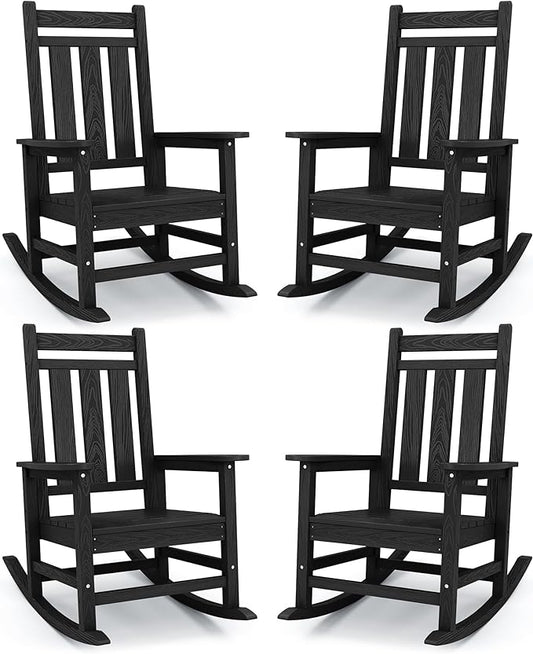 KINGYES Oversized Outdoor Rocking Chair Set of 4, All-Weather Patio Rocking Chairs for Porch, HDPE Outdoor Patio Rockers with High Back & Wide Seat for Garden, Lawn, Black