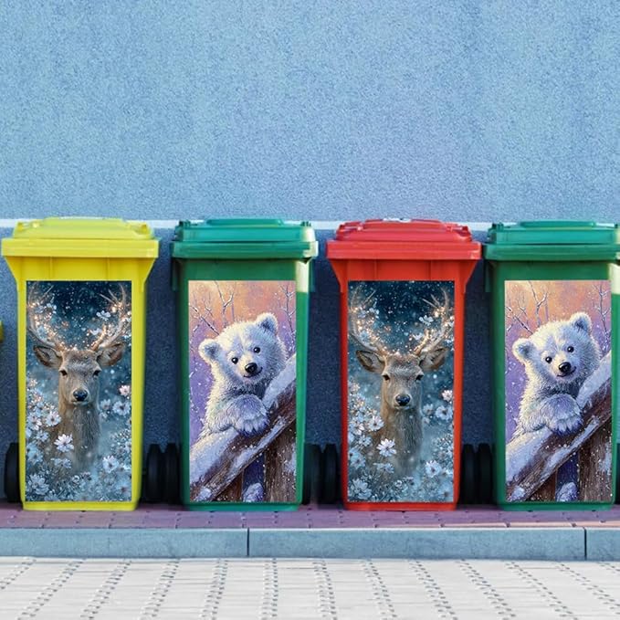 2PC Trash Can Sticker 14.57 x 32.28 Inch Polar Bear and Deer Design Winter Snow Theme Decorative Garbage Bin Cover Outdoor Trash Can Decal Art for Home Yard Garden Holiday Decoration