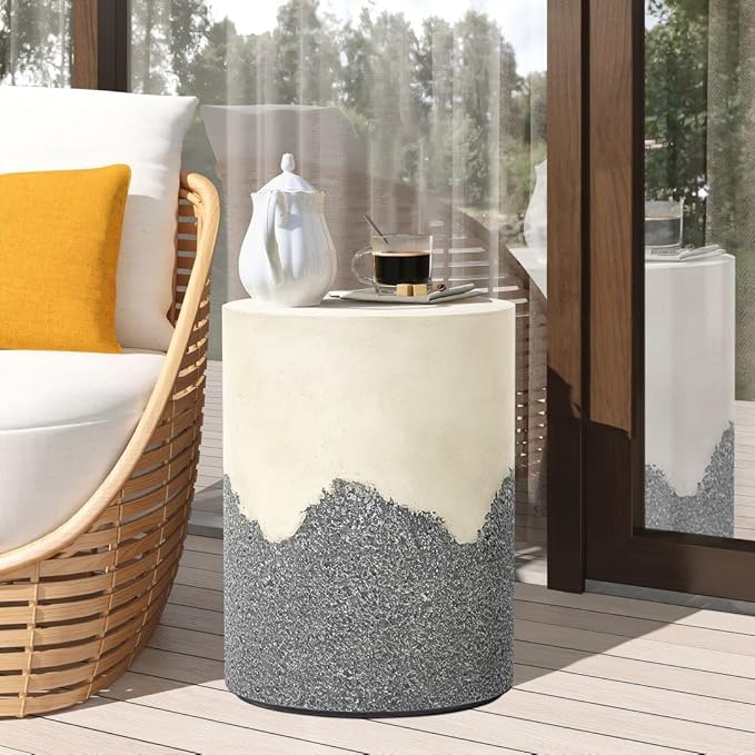 LuxenHome Gray and Cream Cement Round Outdoor Side Table, Set of 2