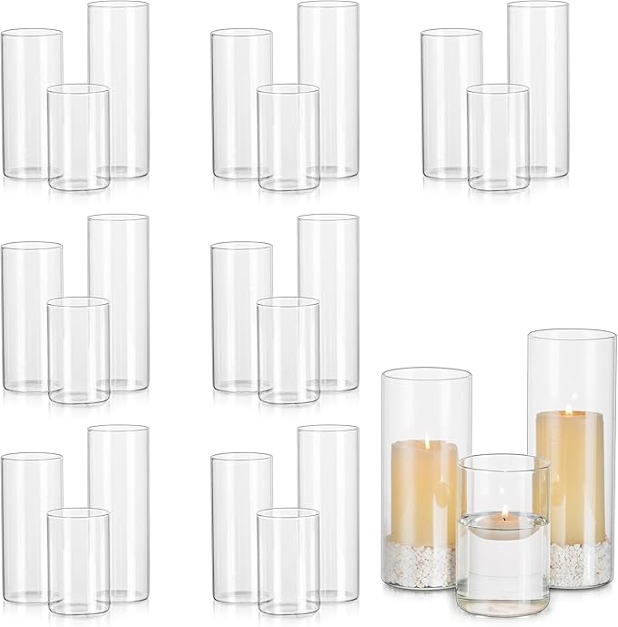 Glasseam Hurricane Pillar Candle Holder Bulk 24, Clear Candle Holders for Pillar Candles, Glass Cylinders for Floating Candles, Modern Floating Candle Vases for Centerpieces Wedding Dining Home Decor