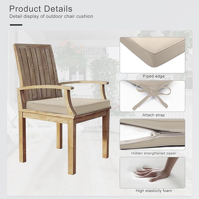 Favoyard Outdoor Chair Cushions 19" x 19" x 2" Set of 4 Patio Chairs Cushions 3-Year Fade Resistant & Water-Resistant Cushions for Outdoor Furniture with Hidden Zipper, Attach Straps for Dining Chairs
