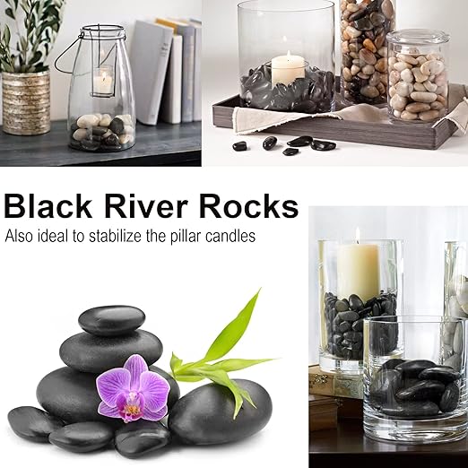 Black River Rocks - Large Polished Black Pebbles for Plants & Garden Decorative Stones, 1-2 Inch, 15 Pound