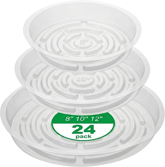 CATIFLIN 24 Pack Clear Plant Saucers - 8, 10, 12 Inch Plastic Plant Trays for Pots, Flower Pot Saucers, Indoor & Outdoor Planter Drip Tray for Water Drainage & Protection