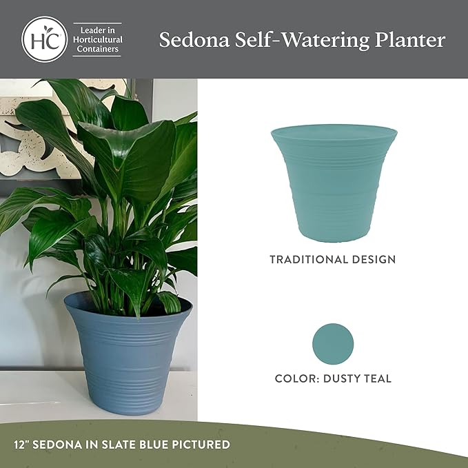 The HC Companies 16 Inch Sedona Round Self Watering Planter Pots, Lightweight UV-Resistant Plastic Indoor & Outdoor Planters, 2-Pack Flower Pots for Garden & Home Decor, Dusty Teal