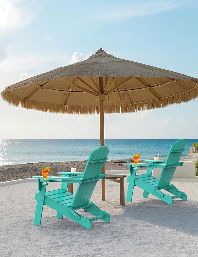 Folding Adirondack Chair Set of 6, Wooden Textured Plastic Adirondack Chairs with 2 Cup Holder, Weather Resistant HDPE Fire Pit Chair, Outdoor Patio Chairs for Garden, Backyard, Lawn, Deck, Lake Blue