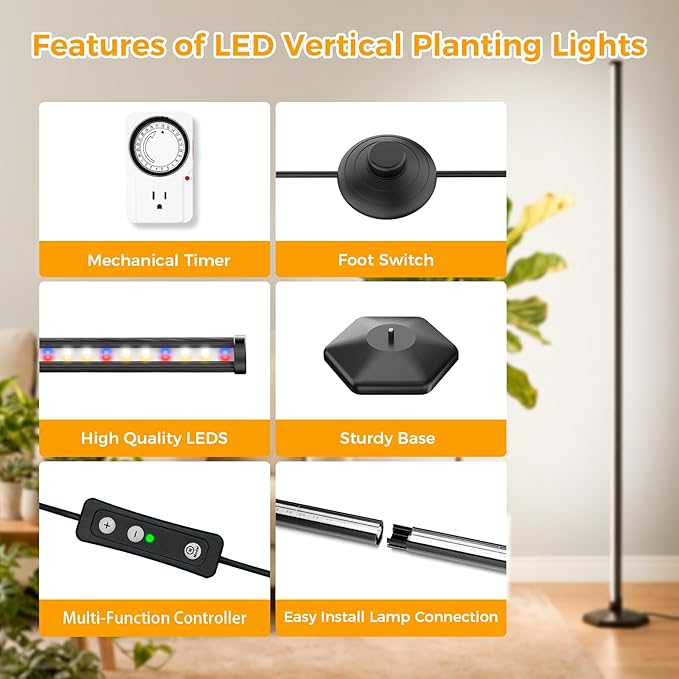 Standing Grow Light with Timer, 192 LEDs, 65 Inch Full Spectrum Vertical Plant Lamp Bar for Indoor, 3 Light Modes, 10 Level Dimmable Floor Grow Light, Mimic Sunlight to Tall Plants & Flowering