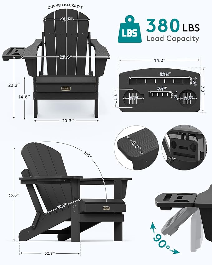 SERWALL Folding Adirondack Chair, Patio Adirondack Chairs with 4 in 1 Cup Holder Trays, All Weather Fire Pit Chair for Outdoor, Garden - Black