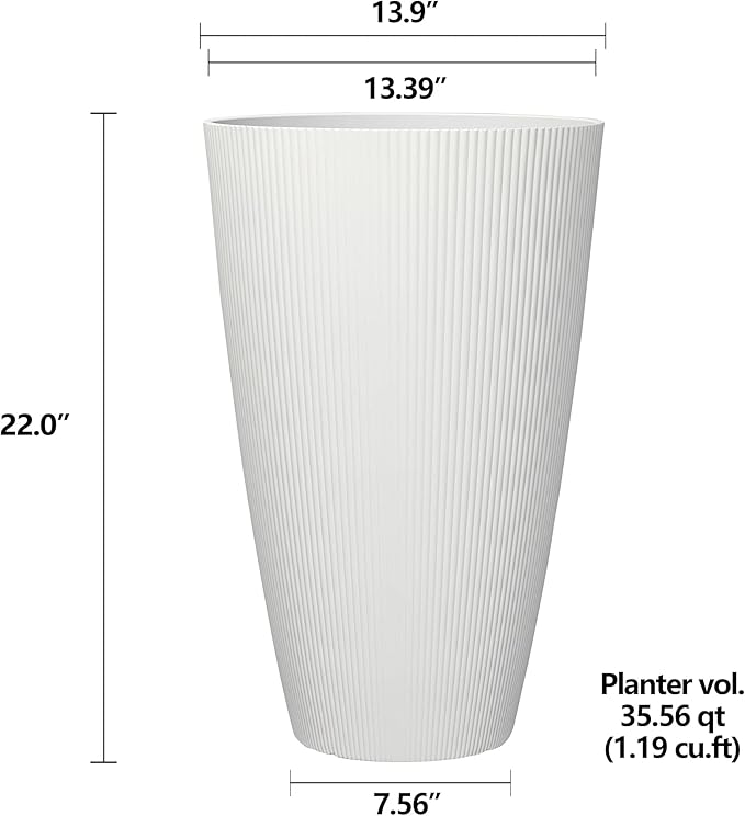 Tall Resin Planter, 22.1" Floor-Standing Pot for Large Indoor & Outdoor Plants, Cream Ribbed