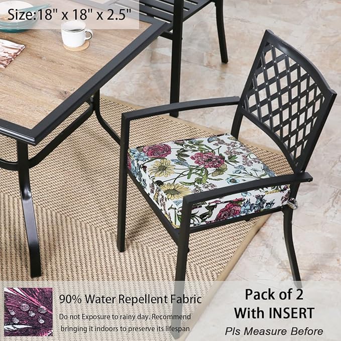 Outdoor Chair Cushions 18x18 Inch,Set of 2,Water Resistant Chair Pads with Ties,Square Seat Cushion 18"x18"x2.5",Patio Chair Cushion for Garden,Backyard Furniture(Butterfly Flower)