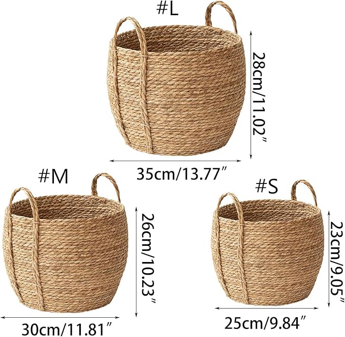 Rattan Grass Woven Flower Basket, Decorative Round Wicker Woven Rope Storage Blanket Basket with Woven Handles,Planter Pot for Living Room,Floor Standing Storage,Balcony Garden Decoration