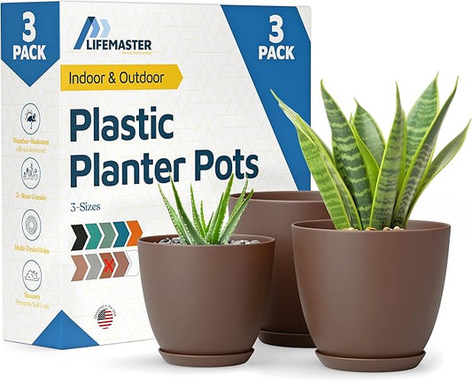 Brown Plant Pots with Drainage Holes & Saucers 3 Pack, Indoor & Outdoor Stackable Space-Saving Planters for Houseplants & Flowers, (7", 6.7", and 6" Inches), Durable & Weatherproof Materials
