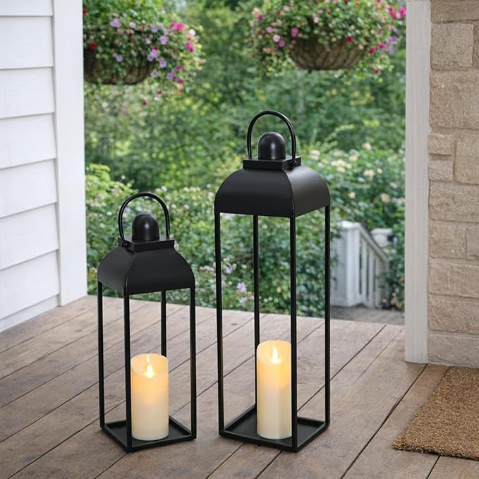 25'' 19'' Lanterns Decorative Outdoor Indoor, Black Metal Outdoor Candle Lanterns, Set of 2 Modern Farmhouse Decorative Lantern for Fireplace, Patio, Porch, Floor, Christmas Lantern (No Glass)