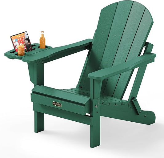 SERWALL Folding Adirondack Chair, Outdoor Adirondack Chairs with 4 in 1 Cup Holder, Weather Resistant Plastic Patio Chair for Garden, Backyard, Deck, Lawn, Fire Pit- Green