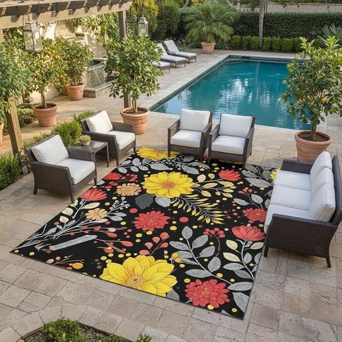 3D Visual Blooming Flowers Pattern Outdoor Area Rug 6x9 Modern Art Deco Yellow Pink Floral Outdoor Rug for Patio Balcony Garden Pool Non Slip Waterproof Outside Carpet Black Low Pile Yard Large Rugs