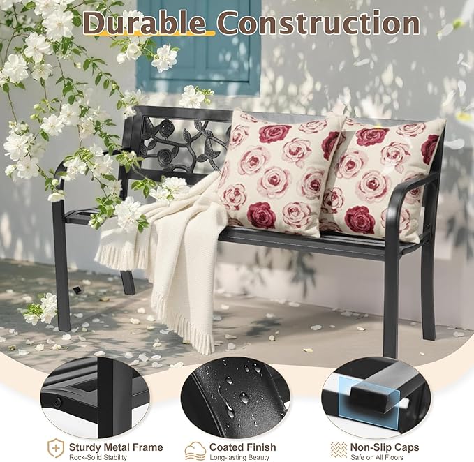 Outvita Outdoor Bench, 50" Iron Steel Frame Garden Bench with Rose Pattern and Plastic Backrest Armrests, Patio Bench for Garden Park Yard Front Porch Patio, Black