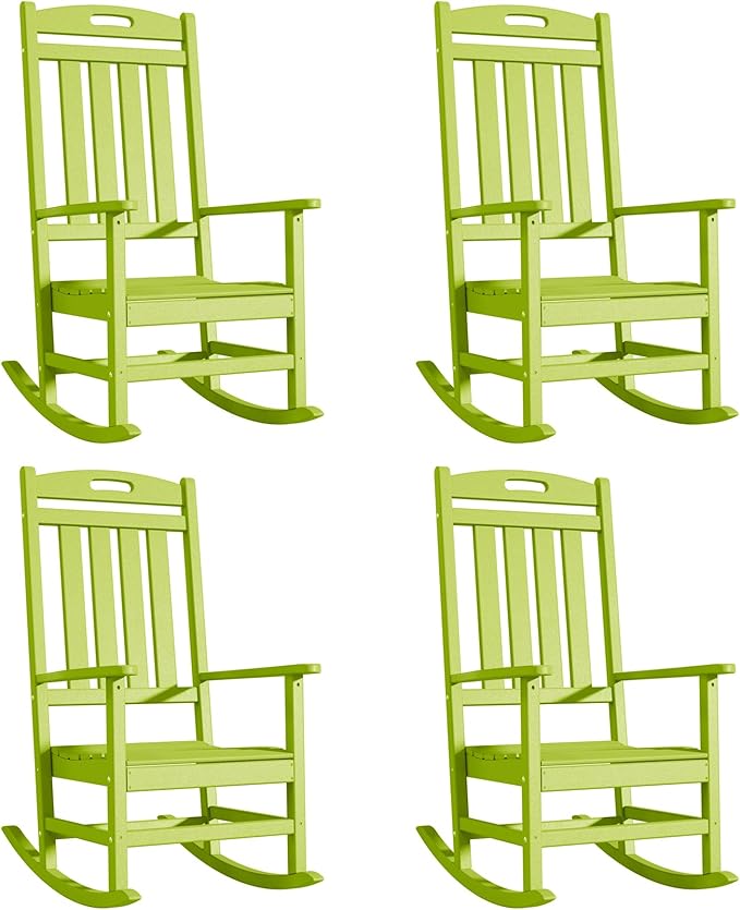 Outdoor Rocking Chair Set of 4, High Back Plastic Patio Rocking Chairs for Outside Porch Rocker Garden Lawn, All-Weather Resistant Poly Lumber Rocker Chair Outdoor, Lime